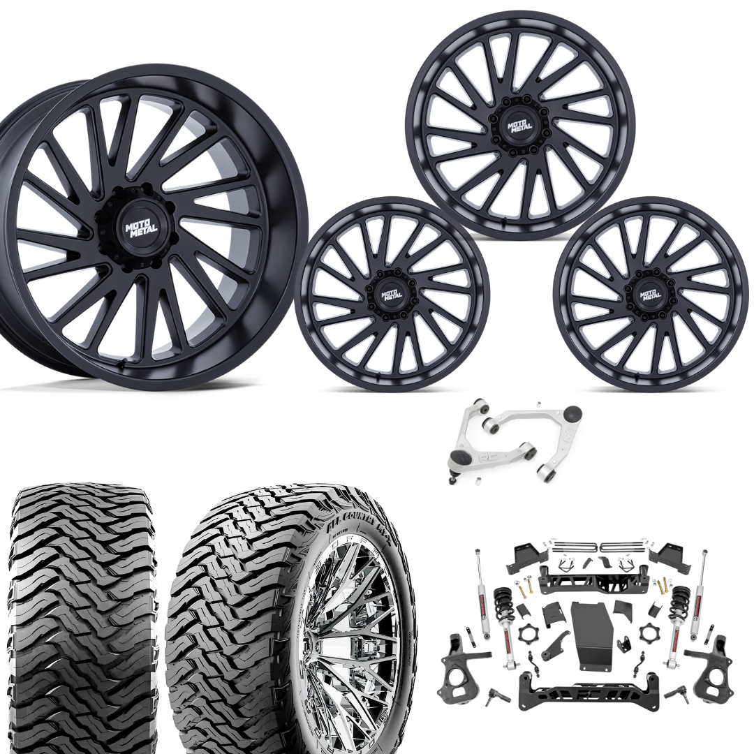 7 inch Lift N3 Bundle w/ 20x10 Matte Black Wheels - 35in Ironman MT-X Tires & Upper Control Arms- 4wd (14-18)