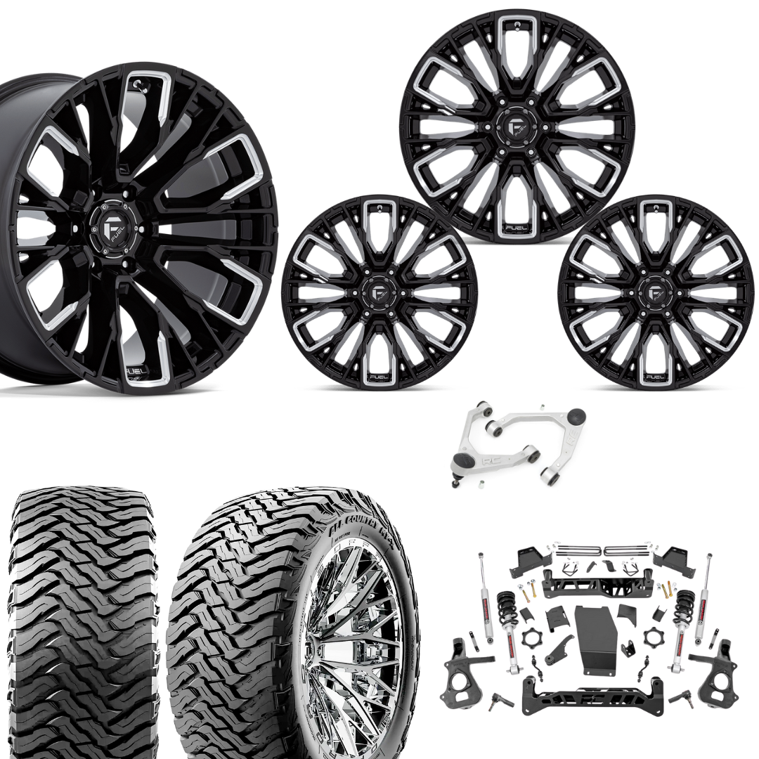 7 inch Lift N3 Bundle w/ 20x10 Black Chrome Wheels - 35in Ironman MT-X Tires & Upper Control Arms- 4wd (14-18)