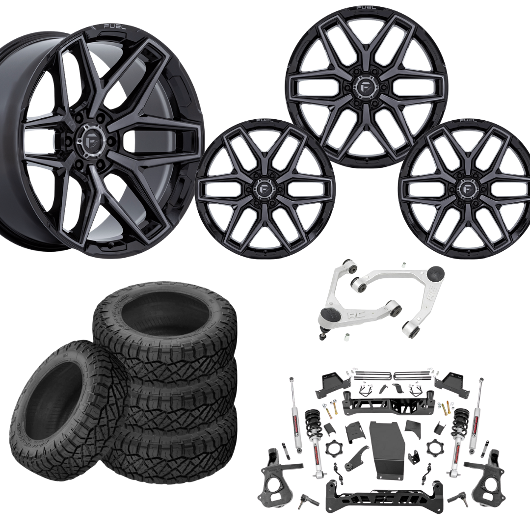 7 inch Lift N3 Bundle w/ 22x10 Black Brushed Wheels - 35in Nitto Ridge Grapplers & Upper Control Arms- 4wd (14-18)