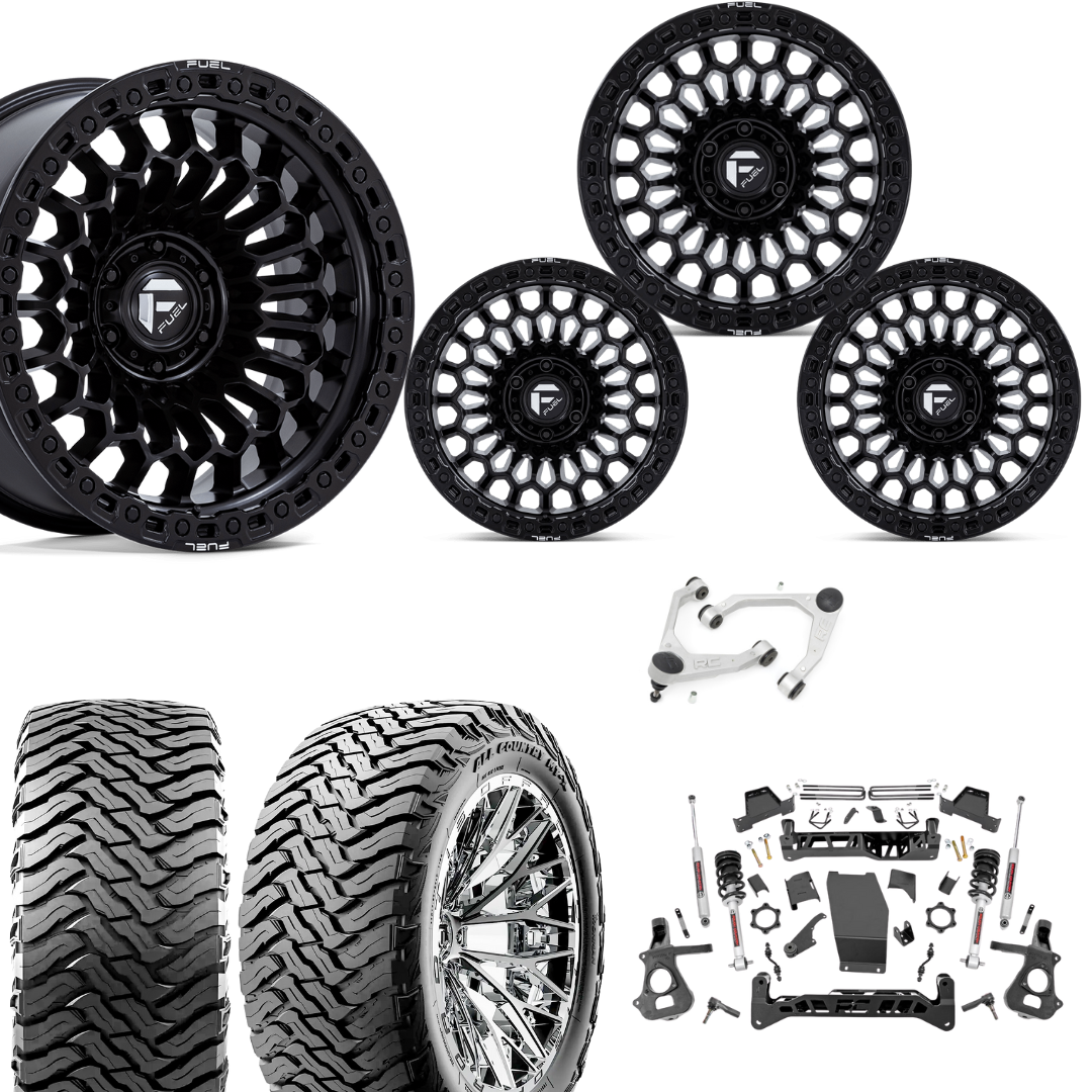 7 inch Lift N3 Bundle w/ 20x10 Matte Black Wheels - 35in Ironman MT-X Tires & Upper Control Arms- 4wd (14-18)