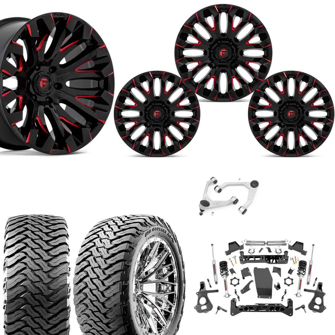 7 inch Lift N3 Bundle w/ 20x10 Black Red Milled Wheels - 35in Ironman MT-X Tires & Upper Control Arms- 4wd (14-18)