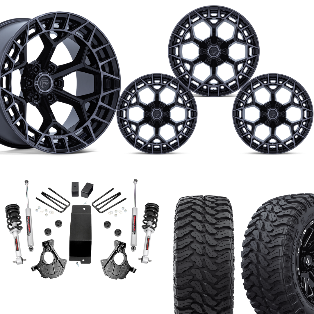 3.5 inch Lift N3 Bundle w/ 22x10 Gloss Black Brushed Tinted Wheels - 33in TIS TT1 Mud Tires - 4wd (14-18)