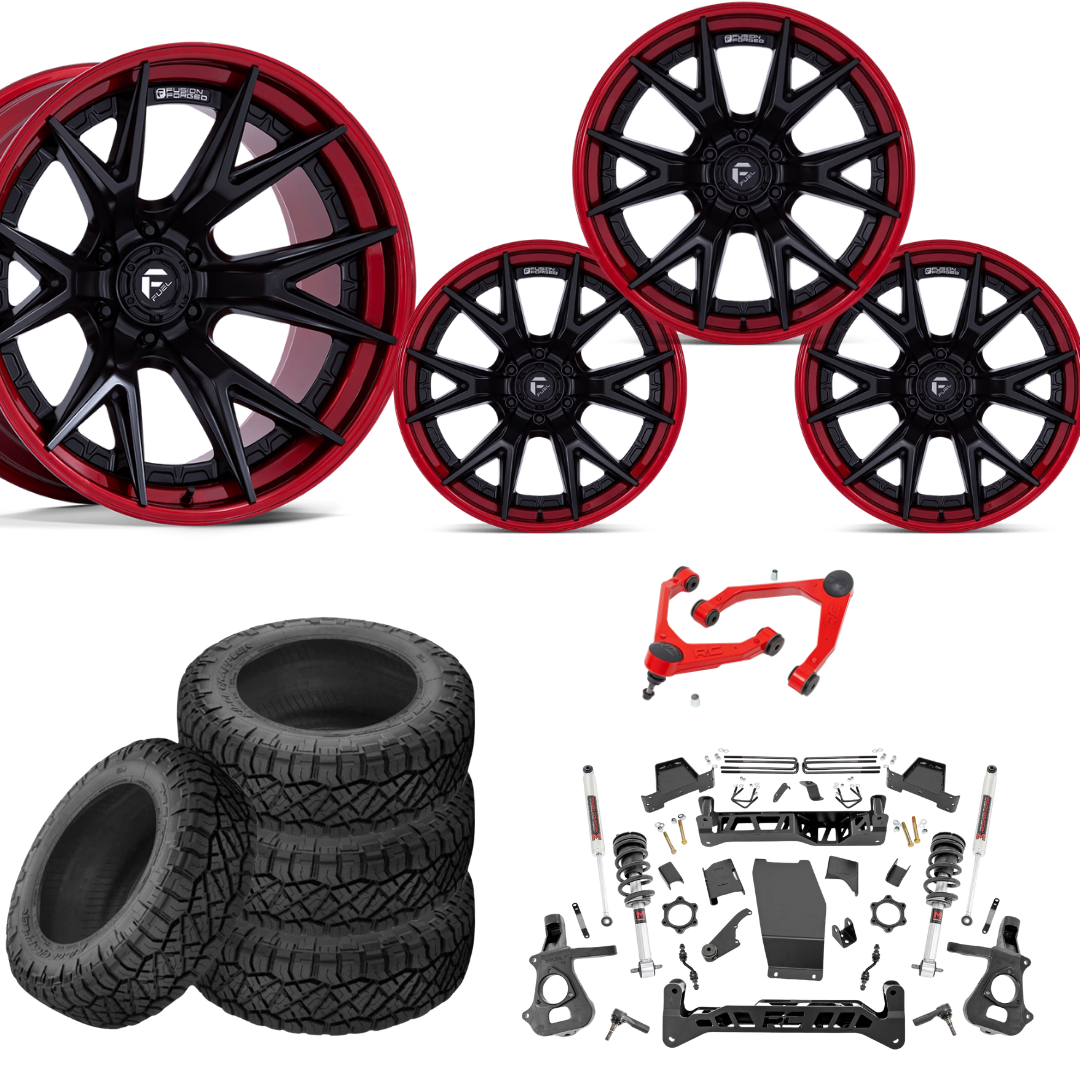 7 inch Lift M1 Bundle w/ 22x12 Black Red Wheels - 35in Nitto Ridge Grapplers & Upper Control Arms- 4wd (14-18)