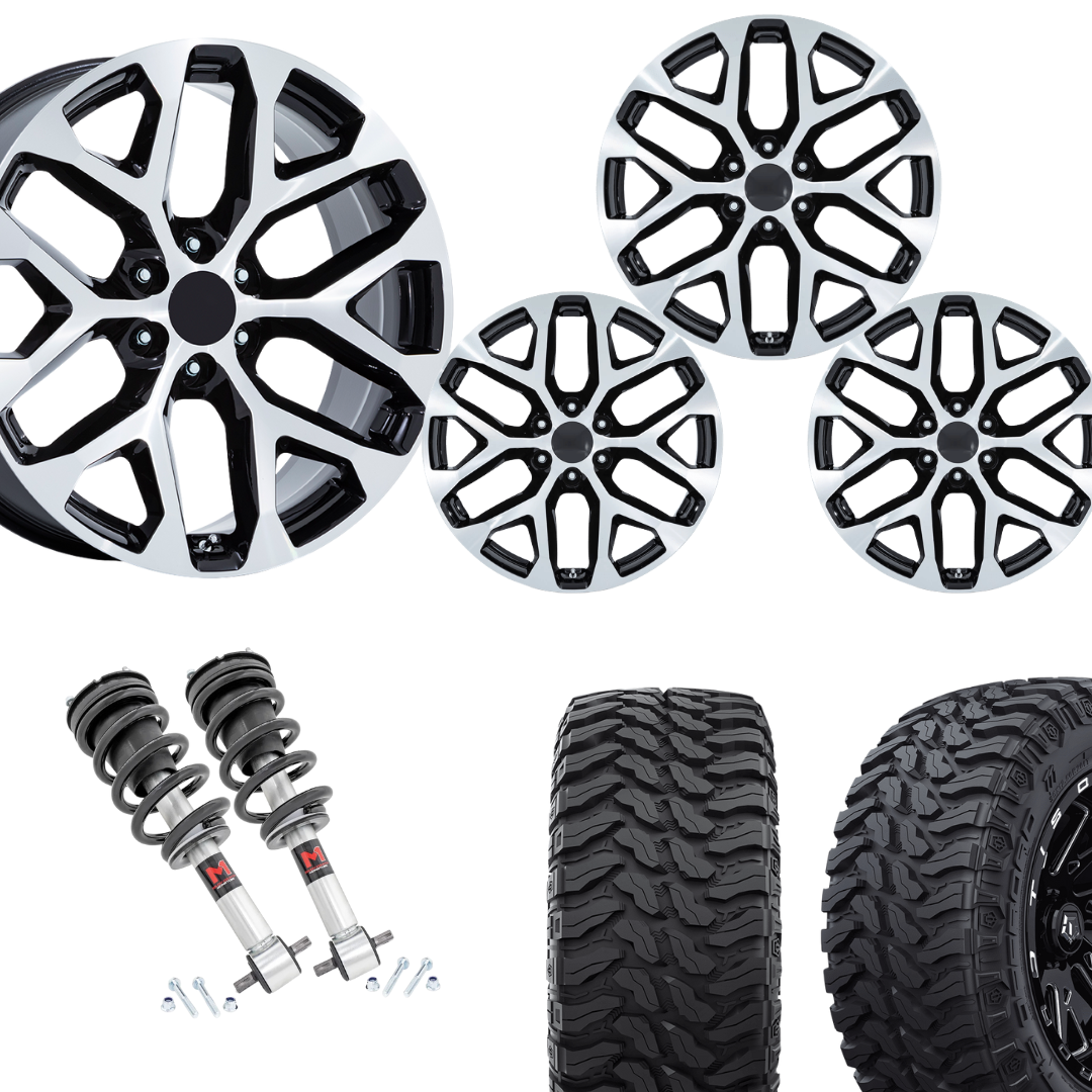 2 inch Level Bundle w/ 22in Snowflake Black Machined Wheels and 33in TIS TT1 Mud Tires 2wd/4wd
