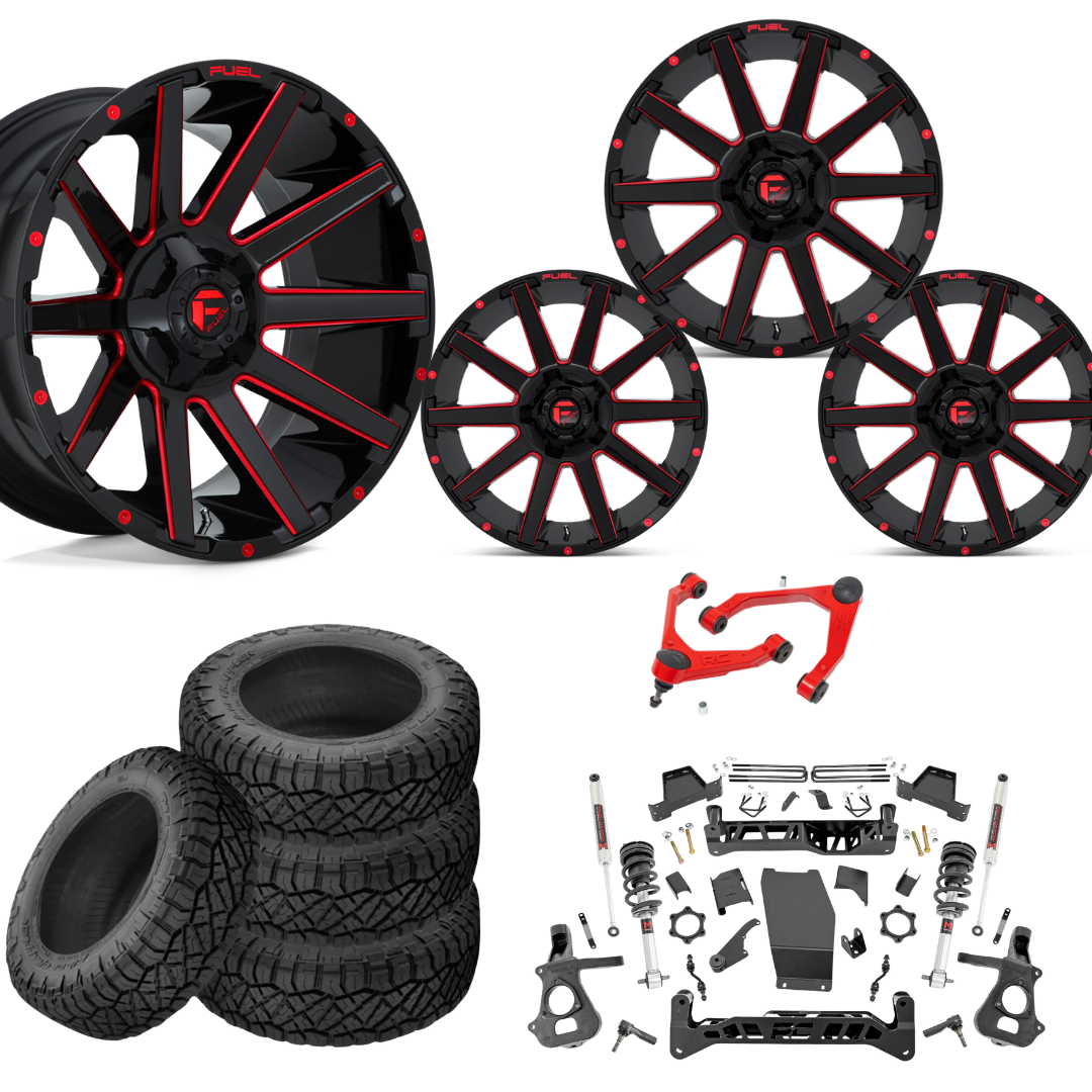 7 inch Lift M1 Bundle w/ 22x12 Black Red Wheels - 35in Nitto Ridge Grapplers & Upper Control Arms- 4wd (14-18)