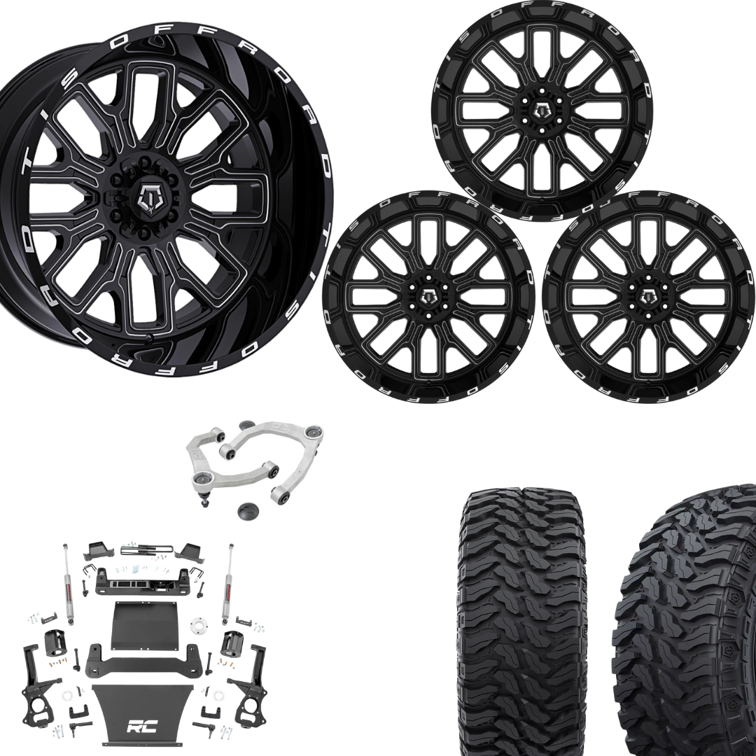 6 inch Bundle w/ 22x12 Gloss Black Milled Wheels and 35in Hercules TT1 Tires - 2wd