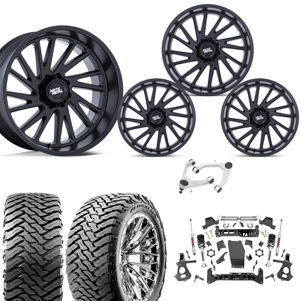 7 inch Lift N3 Bundle w/ 20x10 Matte Black Wheels - 35in Ironman MT-X Tires & Upper Control Arms- 4wd (14-18)