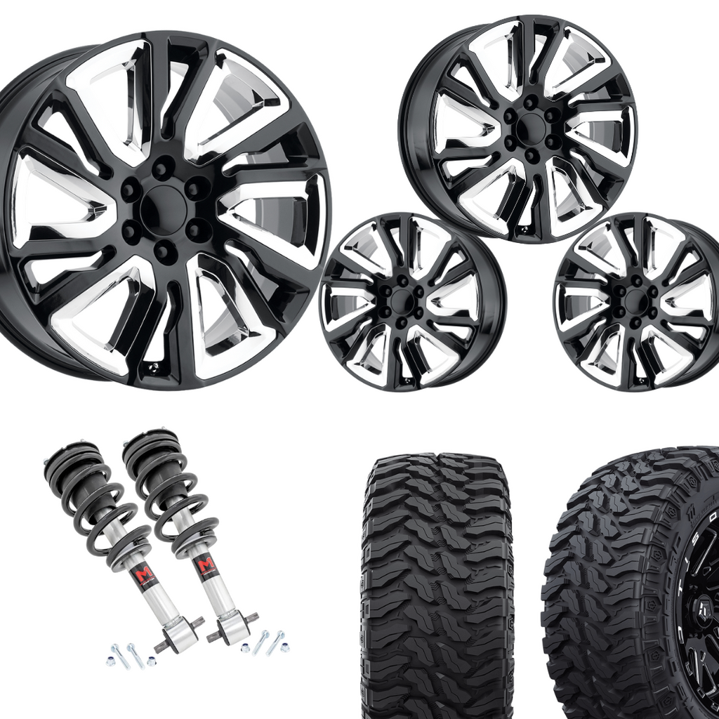 2 inch Level Bundle w/ 22in Black Chrome Rep Wheels and 33in TIS TT1 Mud Tires 2wd/4wd