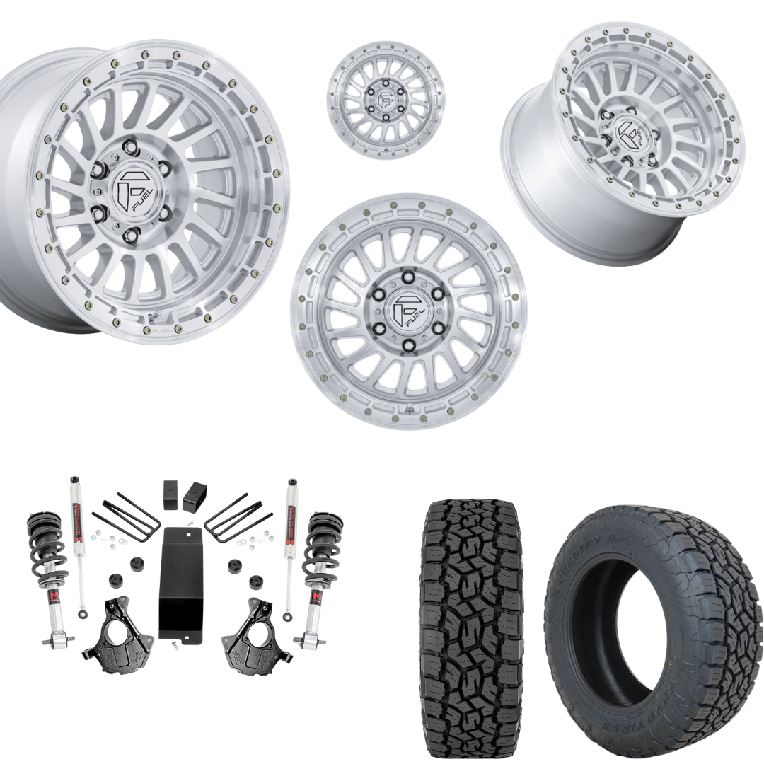 3.5 inch Lift M1 Bundle w/ 20x9 Gloss Silver Machined Wheels - 33in Toyo AT3 Tires - 4wd (14-18)