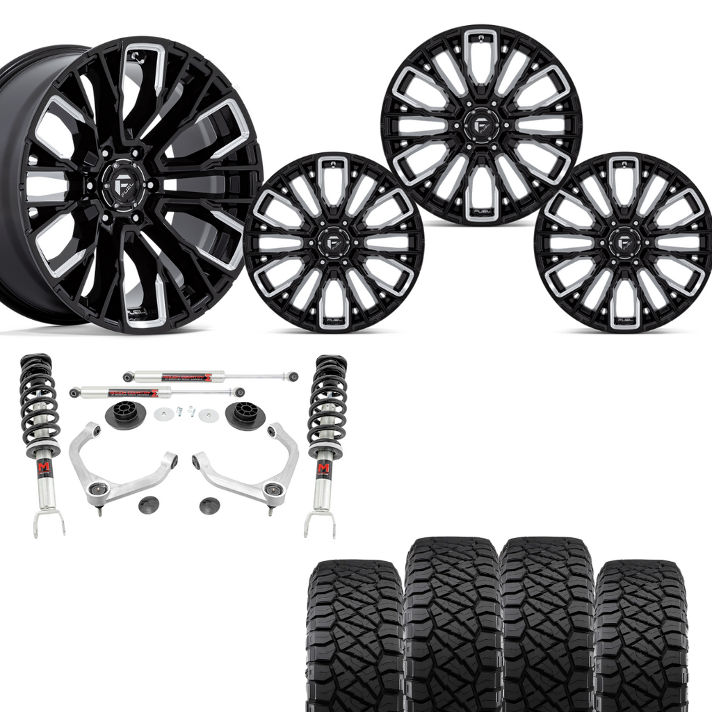 3 inch Lift Bundle M1 w/ 20x10 Black Chrome Wheels & 33in Nitto Ridge Grapplers- RAM 1500 4wd