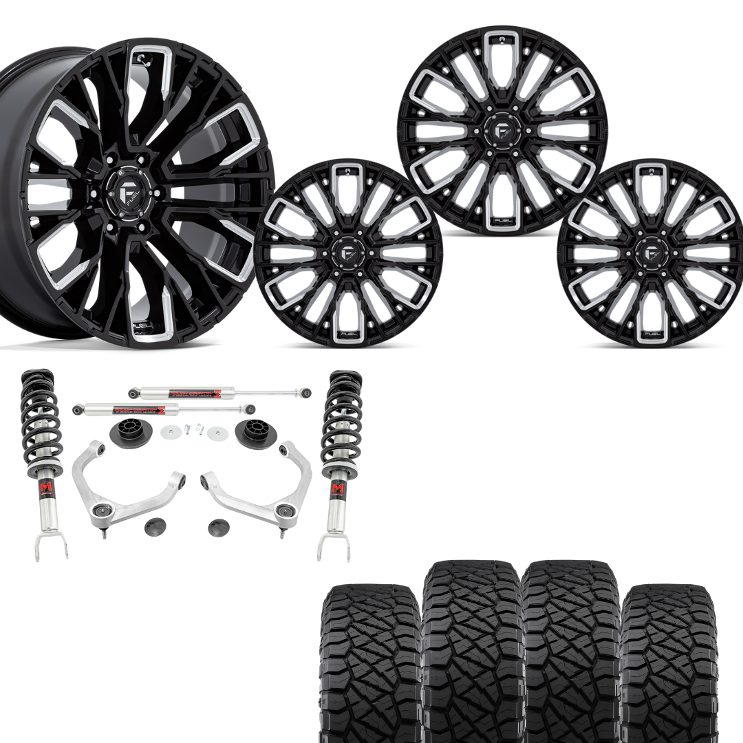 3 inch Lift Bundle M1 w/ 20x10 Black Chrome Wheels & 33in Nitto Ridge Grapplers- RAM 1500 4wd