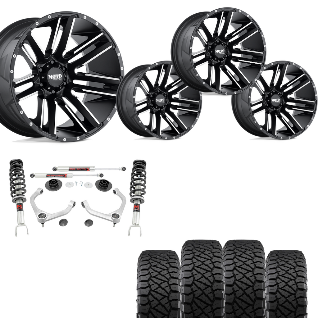 3 inch Lift Bundle M1 w/ 20x10 Satin Black Machined Wheels & 33in Nitto Ridge Grapplers- RAM 1500 4wd