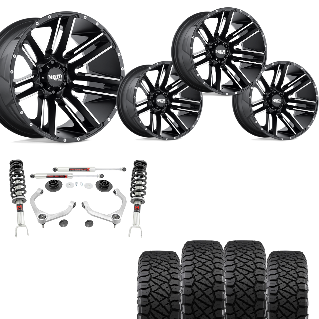 3 inch Lift Bundle M1 w/ 20x10 Satin Black Machined Wheels & 33in Nitto Ridge Grapplers- RAM 1500 4wd