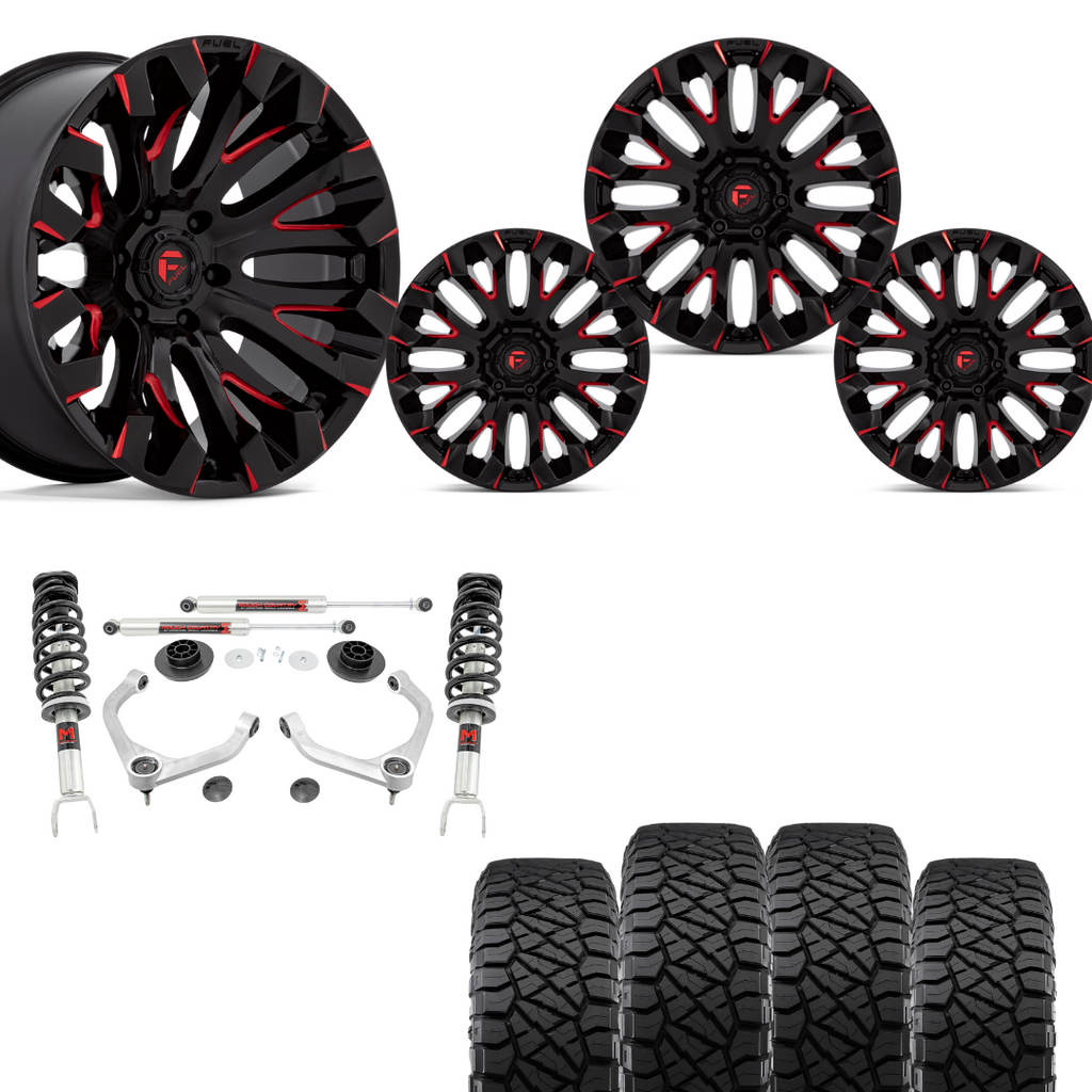 3 inch Lift Bundle M1 w/ 20x10 Black Red Milled Wheels & 33in Nitto Ridge Grapplers- RAM 1500 4wd