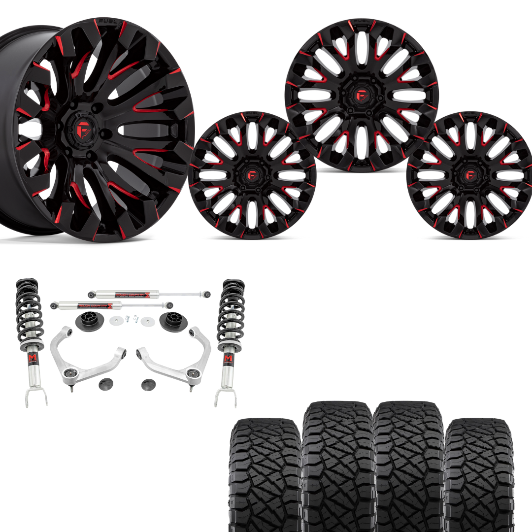 3 inch Lift Bundle M1 w/ 20x10 Black Red Milled Wheels & 33in Nitto Ridge Grapplers- RAM 1500 4wd