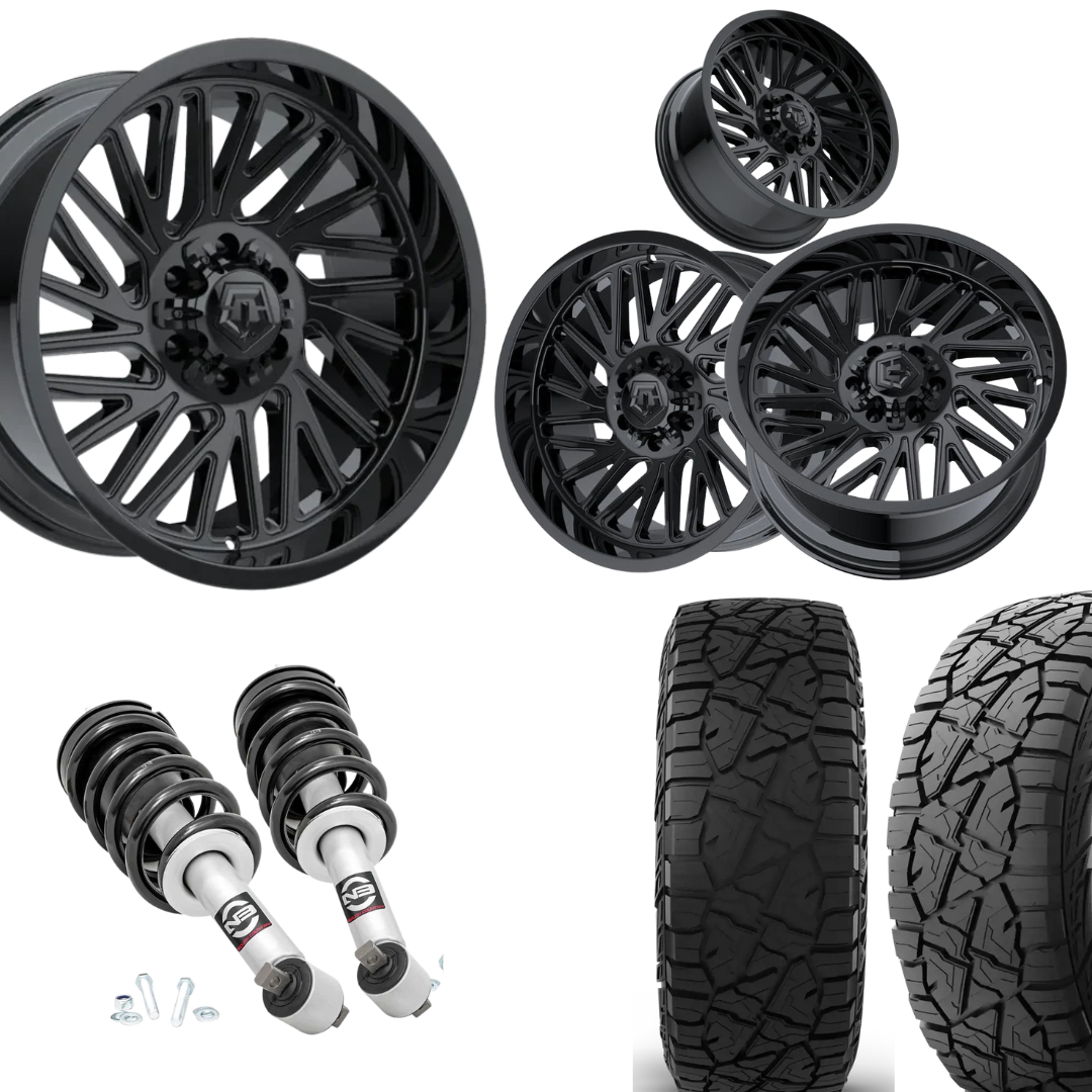 2 inch Level Bundle w/ 20x10 Gloss Black Wheels & 33in Hercules RT1 Tires - 2wd/4wd