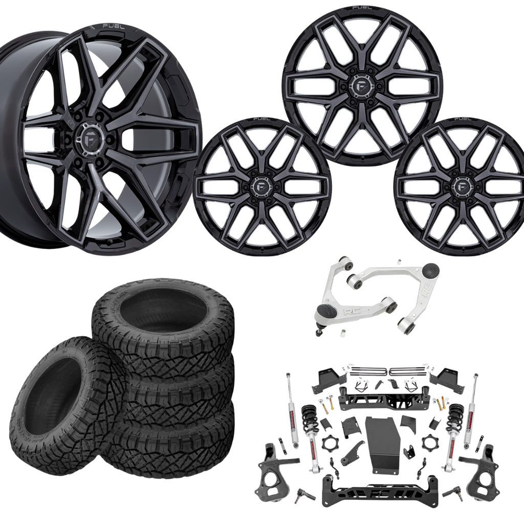 7 inch Lift N3 Bundle w/ 22x10 Black Brushed Wheels - 35in Nitto Ridge Grapplers & Upper Control Arms- 4wd (14-18)
