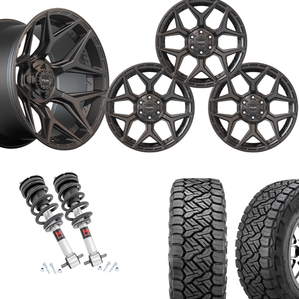 2 inch Level Bundle w/ 20x10 Satin Black and 33in Nitto Recon Tires - 2wd/4wd