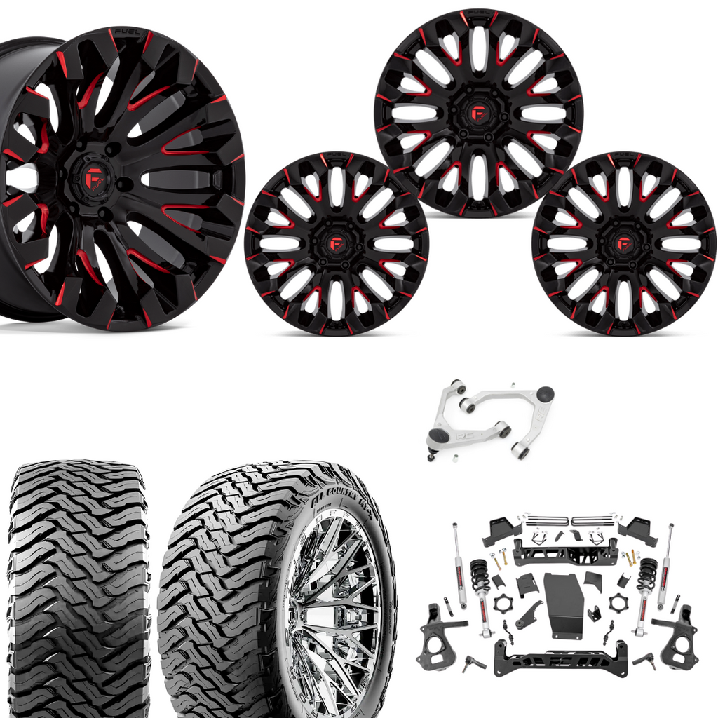7 inch Lift N3 Bundle w/ 20x10 Black Red Milled Wheels - 35in Ironman MT-X Tires & Upper Control Arms- 4wd (14-18)