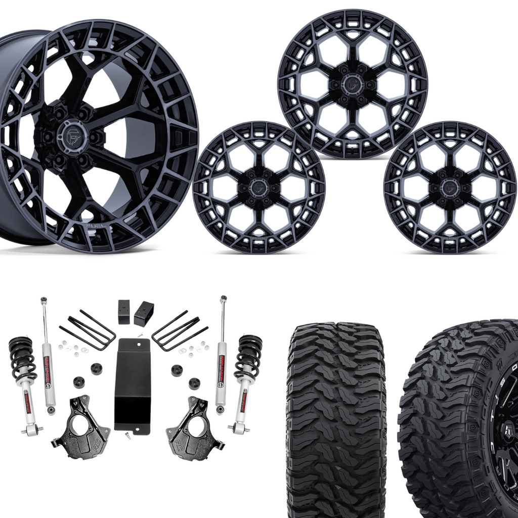 3.5 inch Lift N3 Bundle w/ 22x10 Gloss Black Brushed Tinted Wheels - 33in TIS TT1 Mud Tires - 4wd (14-18)