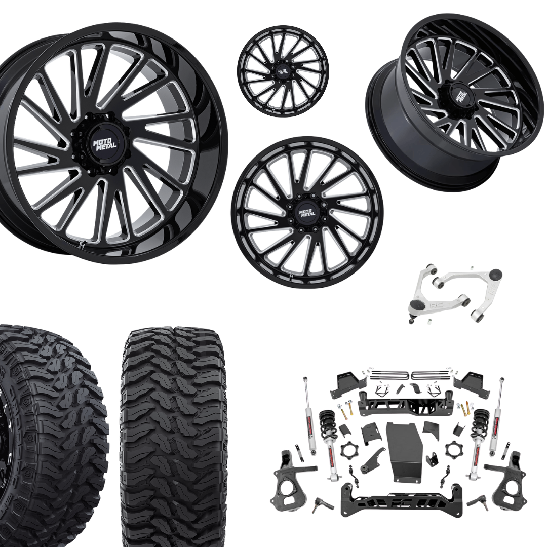 7 inch Lift N3 Bundle w/ 22x12 Black Wheels - 35in Hercules TT1 Tires + Upper Control Arms- 4wd (14-18)