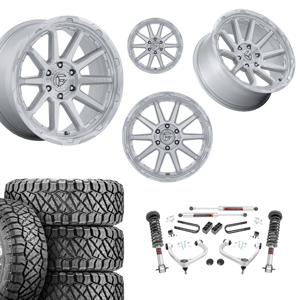 3 inch M1 Bundle w/ 20x10 Gloss Silver Wheels & 33in Nitto Ridge Grapplers - 4wd