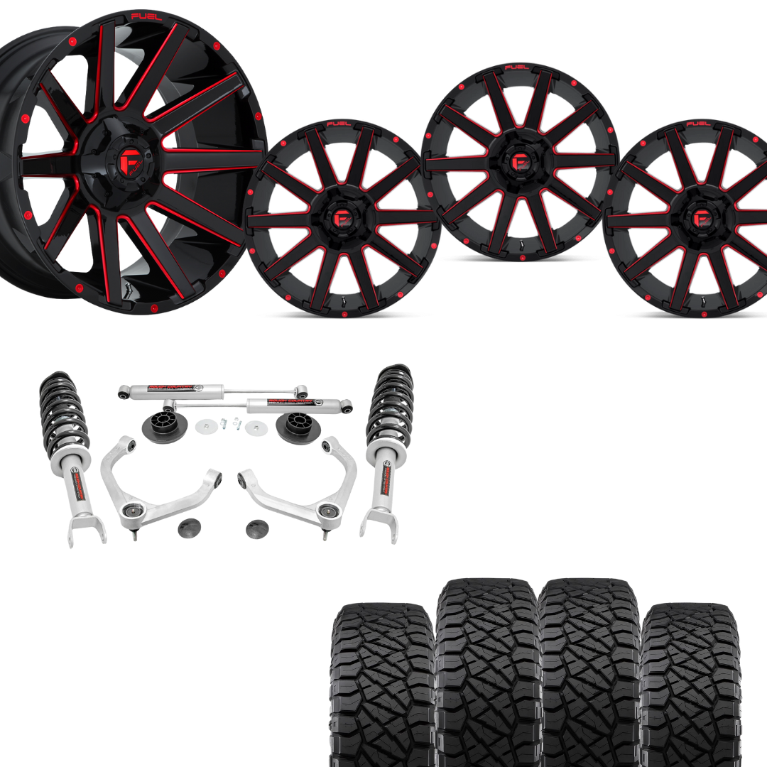 3 inch Lift Bundle N3 w/ 20x9 Black & Red Milled Wheels & 33in Nitto Ridge Grapplers- RAM 1500 4wd