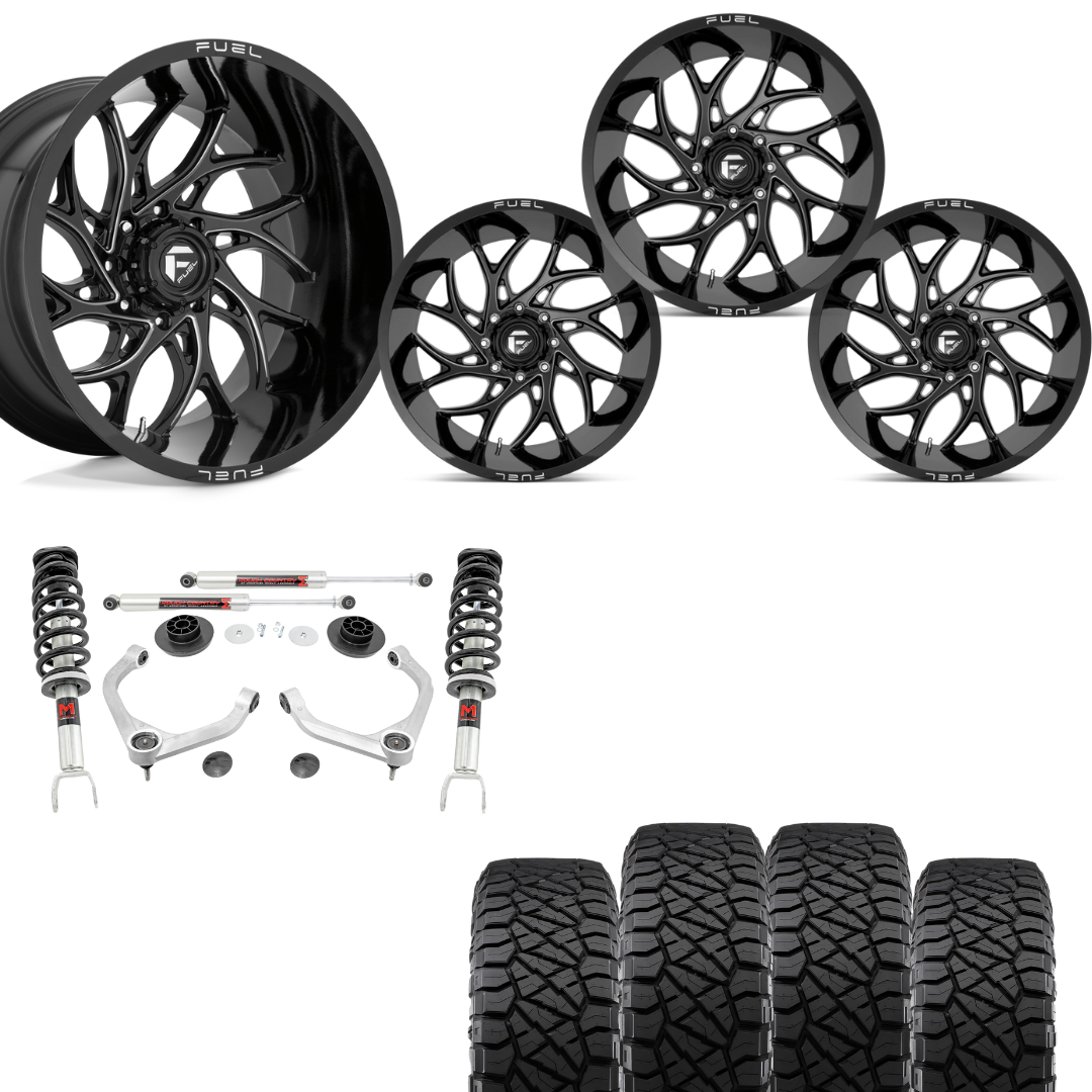 3 inch Lift Bundle M1 w/ 20x10 Black Milled Wheels & 33in Nitto Ridge Grapplers- RAM 1500 4wd