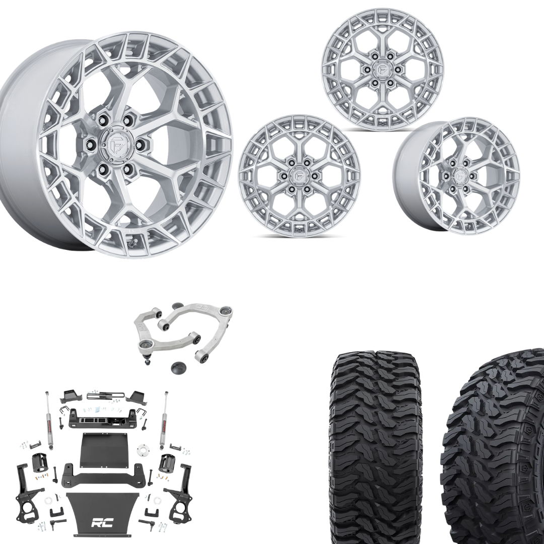 6 inch Bundle w/ 22x12 Silver Machined Wheels and 35in Hercules TT1 Tires - 2wd
